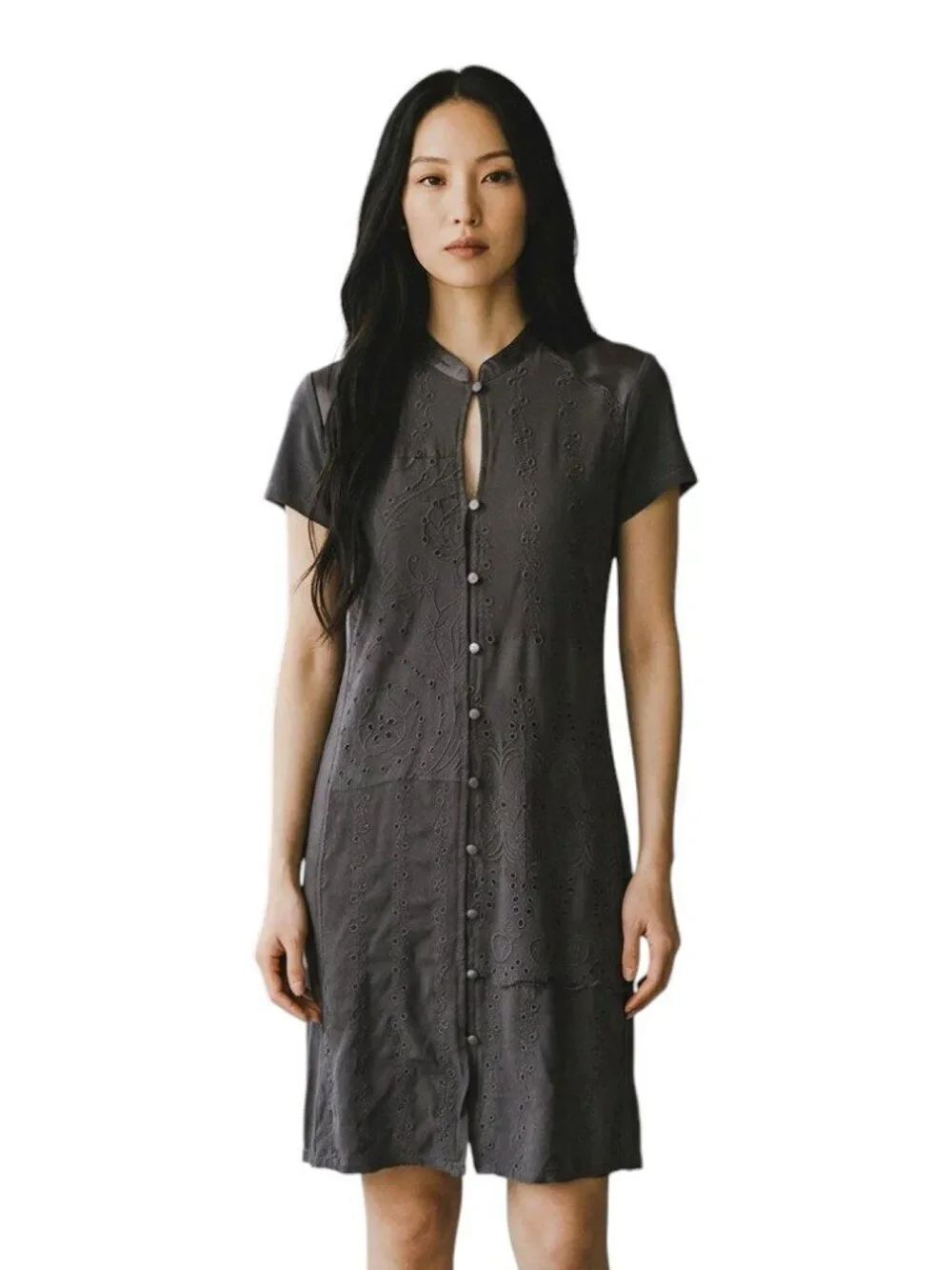 Tiny Anthropologie Stone Harbor Eyelet Shirt Dress XS Gray Button Front